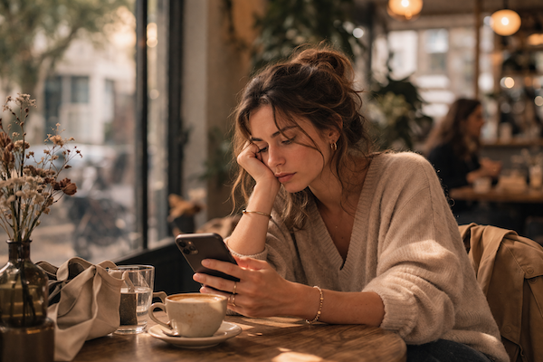 Person feeling tired of swiping on a dating app, illustrating online dating fatigue